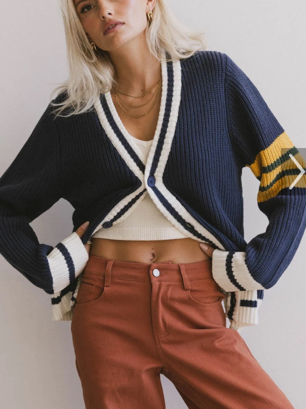 Navy Stripe V-Neck Knit Cardigan Sweater with Yellow Accent